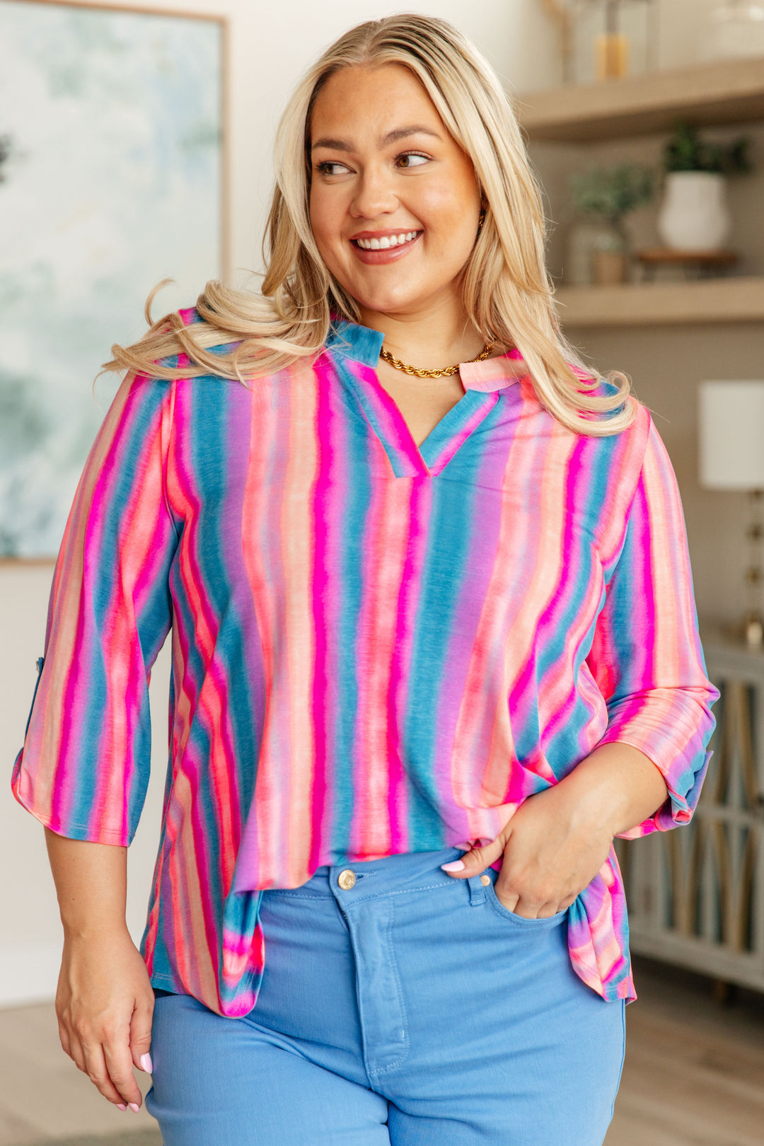 Chic & Easy 3/4 Sleeve Top in Blue and Pink Stripe