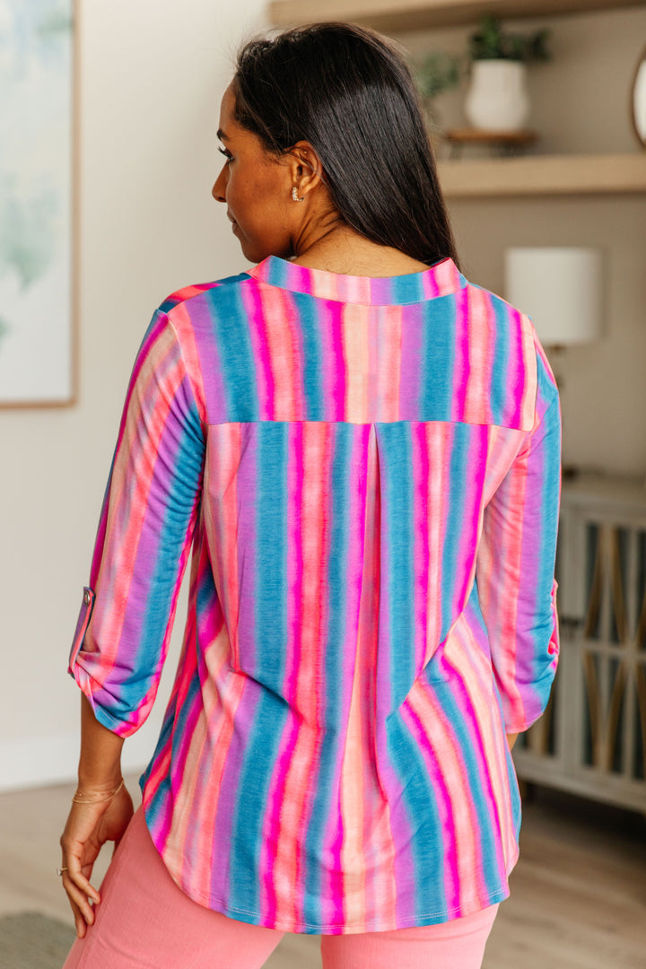 Chic & Easy 3/4 Sleeve Top in Blue and Pink Stripe