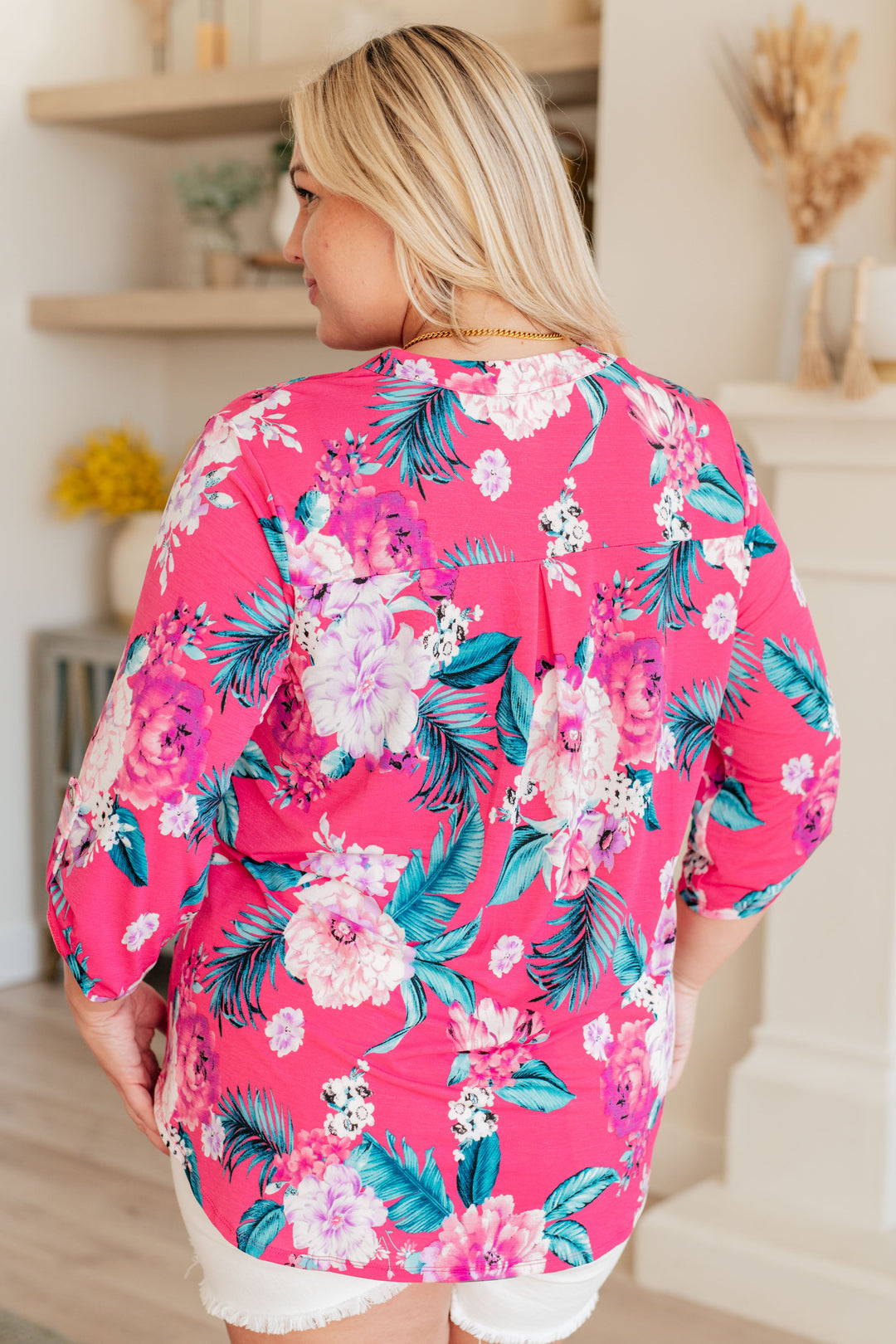 Chic & Easy 3/4 Sleeve Top - Teal Tropical Floral