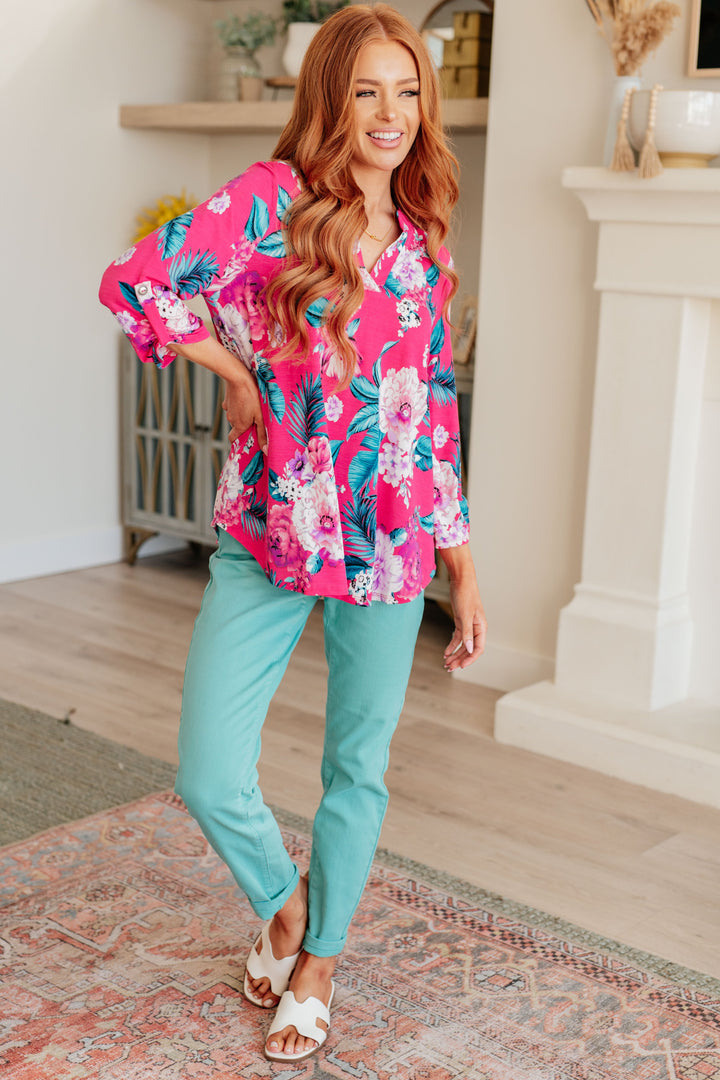 Chic & Easy 3/4 Sleeve Top - Teal Tropical Floral