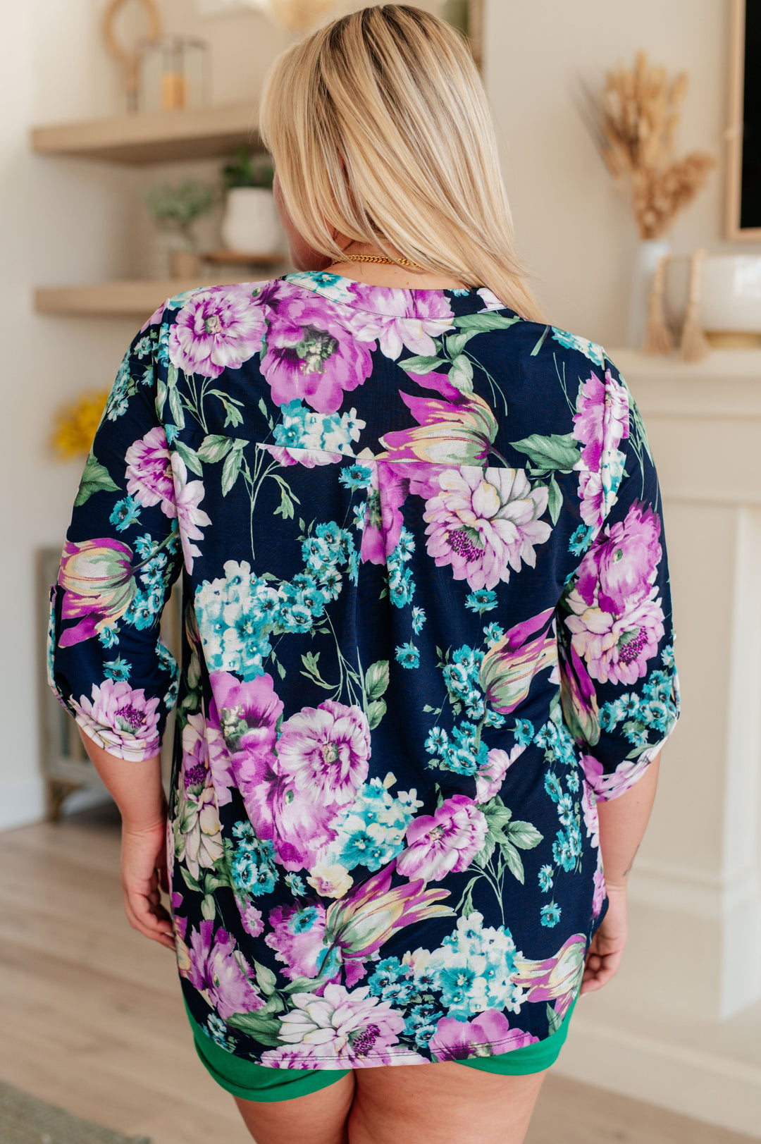 Chic & Easy 3/4 Sleeve Top - Navy and Purple Floral