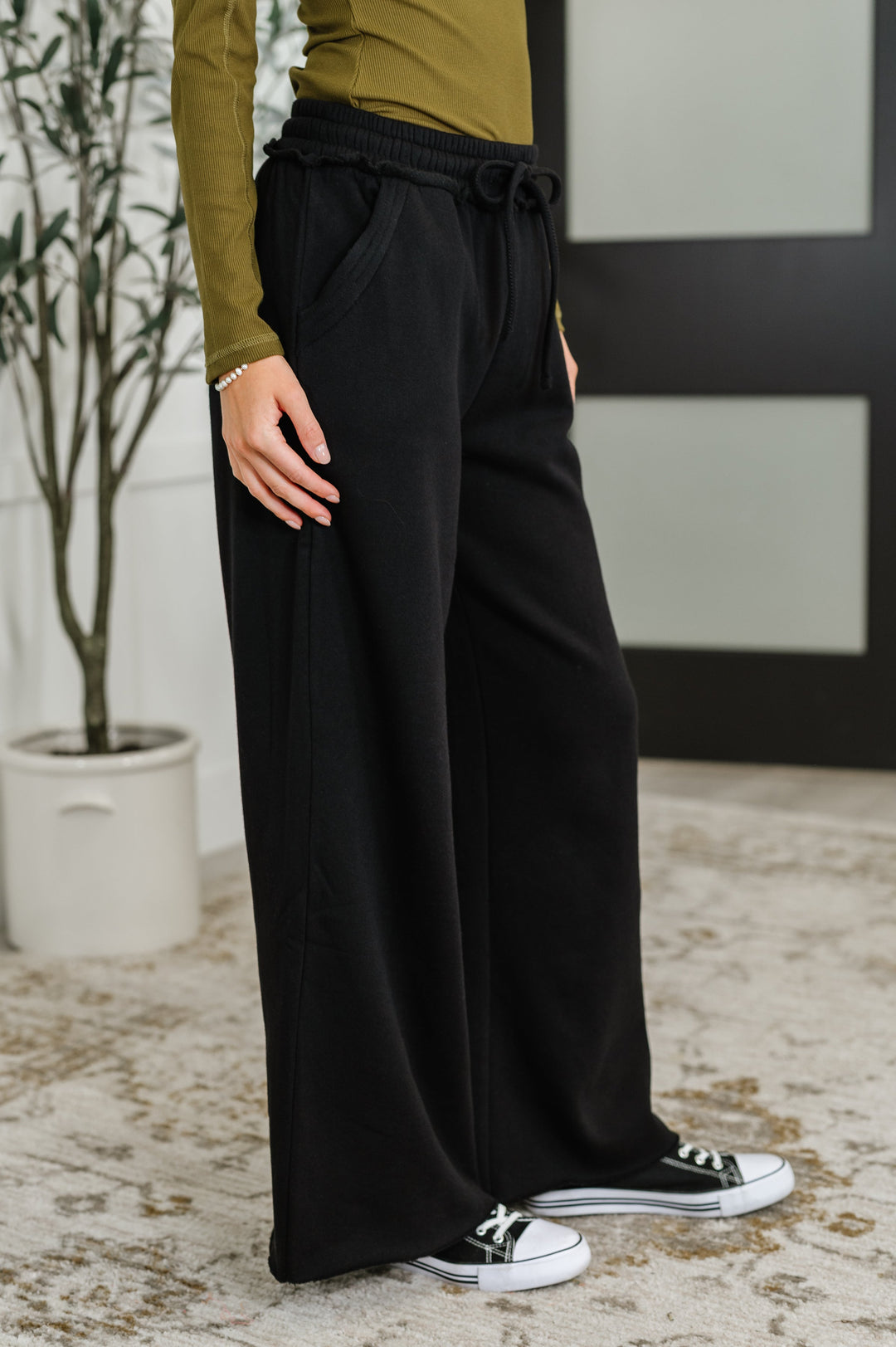 Lounge Line Wide Leg Sweats in Black   Womens Joy & Country