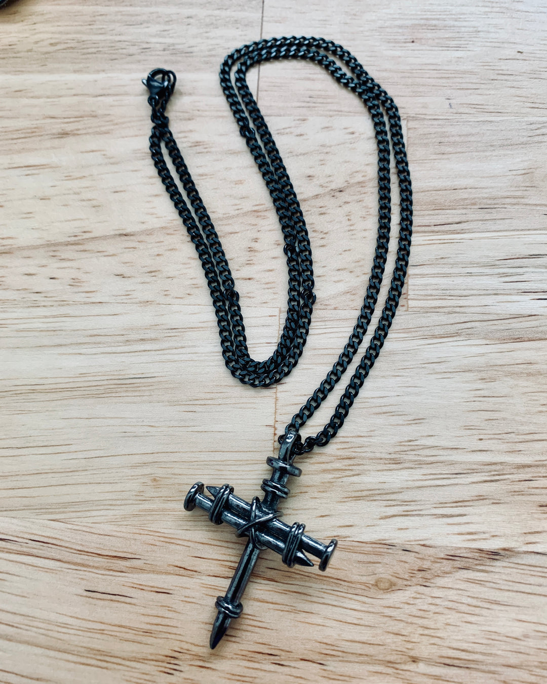 Nail Cross Necklace on 24" Stainless Steel Curb Chain - Gunmetal