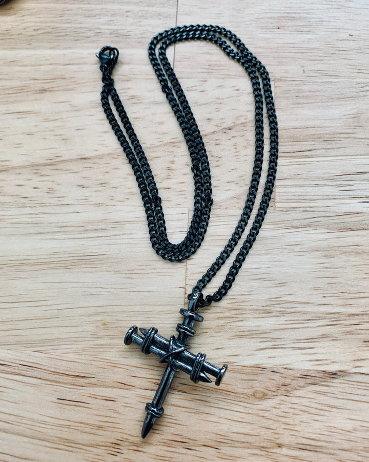 Nail Cross Necklace on 24" Stainless Steel Curb Chain - Gunmetal