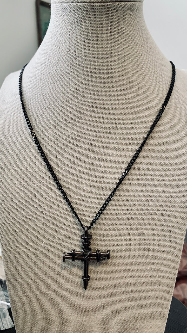 Nail Cross Necklace on 24" Stainless Steel Curb Chain - Gunmetal