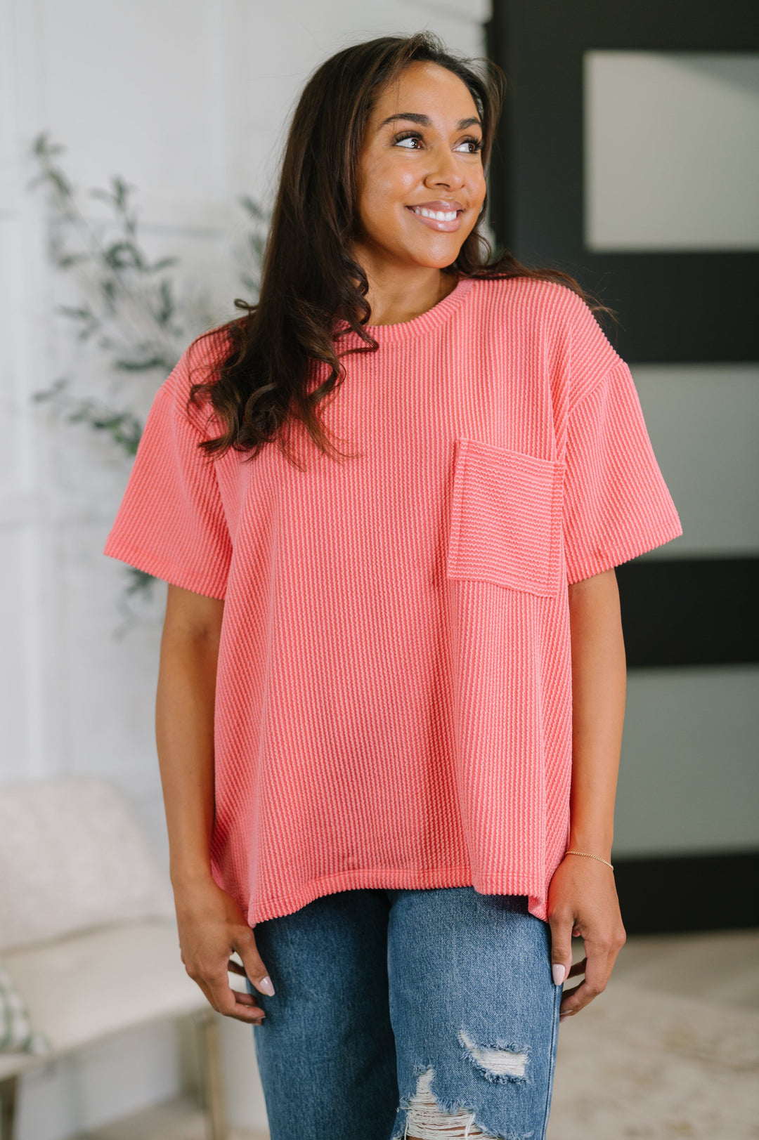 Not That complicated Textured Boxy Tee in Salmon   Womens Joy & Country
