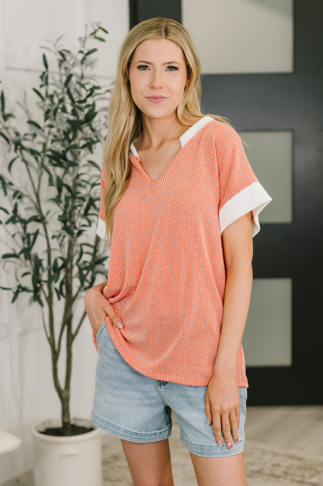 One Piece at a Time V-Neck Short Sleeve Top in Coral   Womens Joy & Country