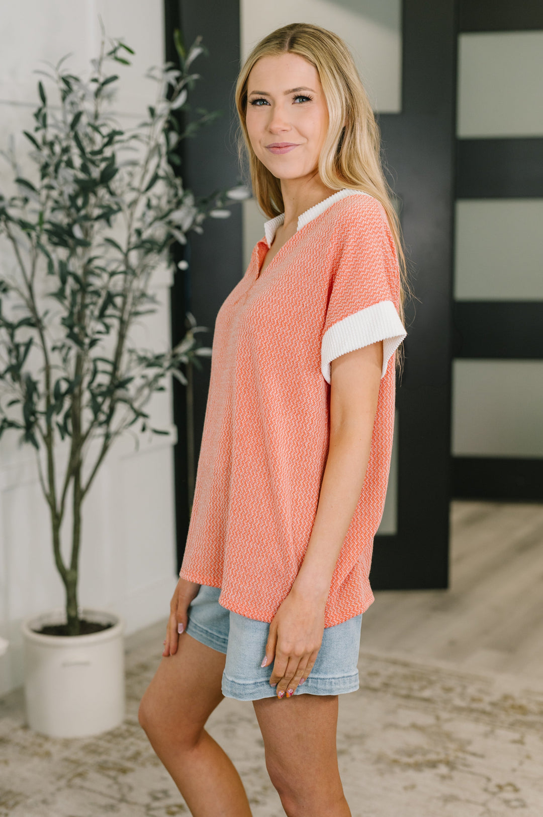 One Piece at a Time V-Neck Short Sleeve Top in Coral   Womens Joy & Country