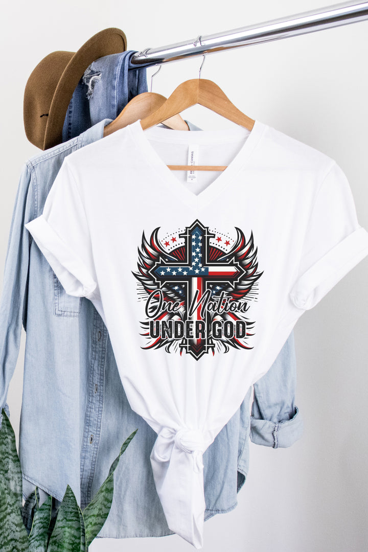 One Nation Under God With Cross And Wings - Unisex V-Neck Tee - Joy & Country