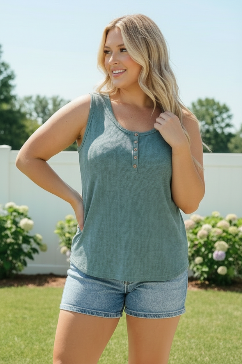 Waffle Knit Henley Tank in Dusty Teal    Joy & Country