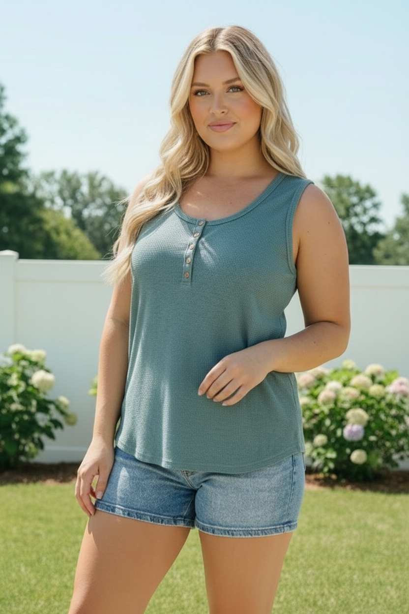 Waffle Knit Henley Tank in Dusty Teal    Joy & Country