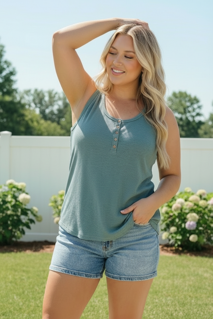 Waffle Knit Henley Tank in Dusty Teal    Joy & Country