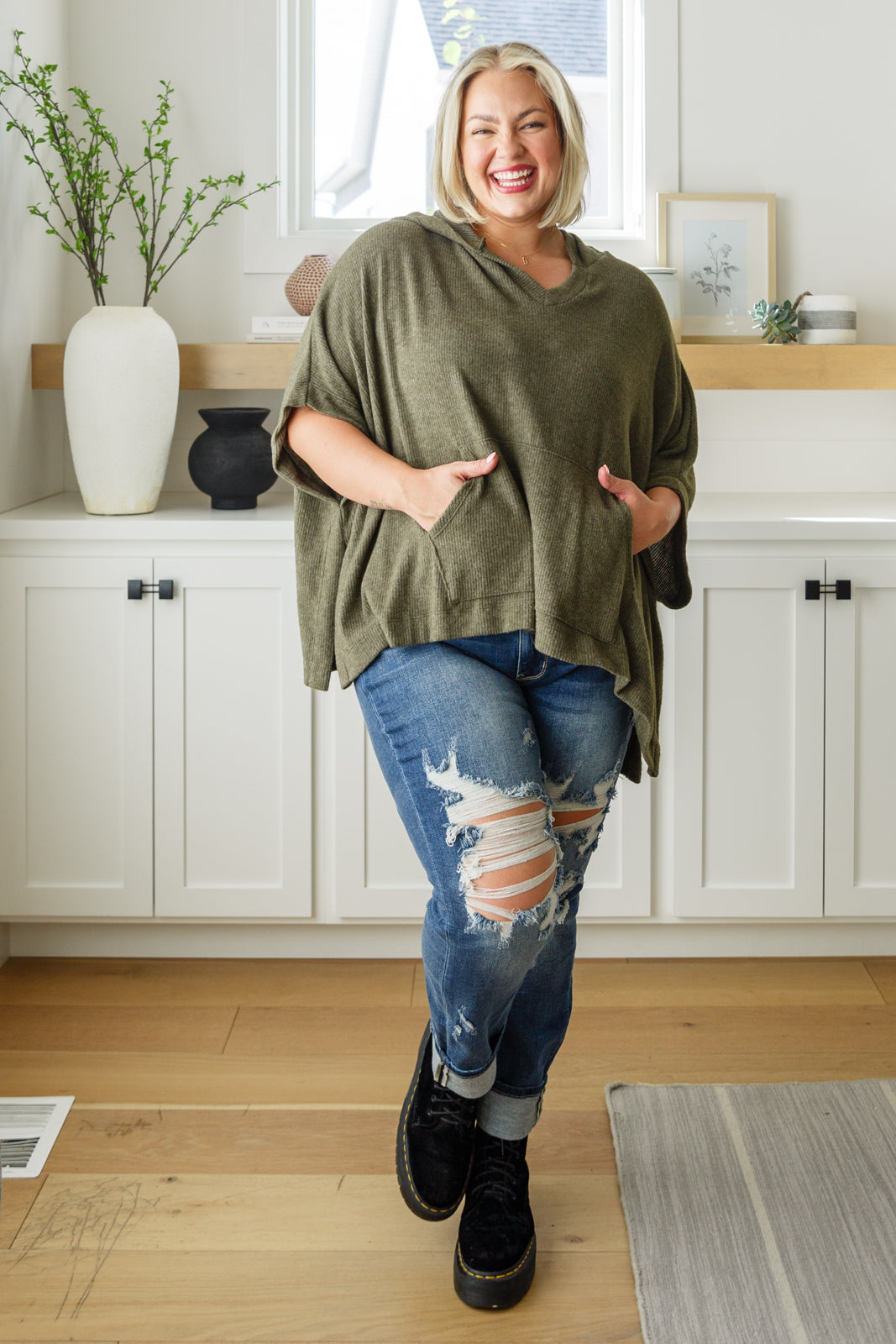 Perfectly Poised Hooded Poncho in Olive   Layers Joy & Country