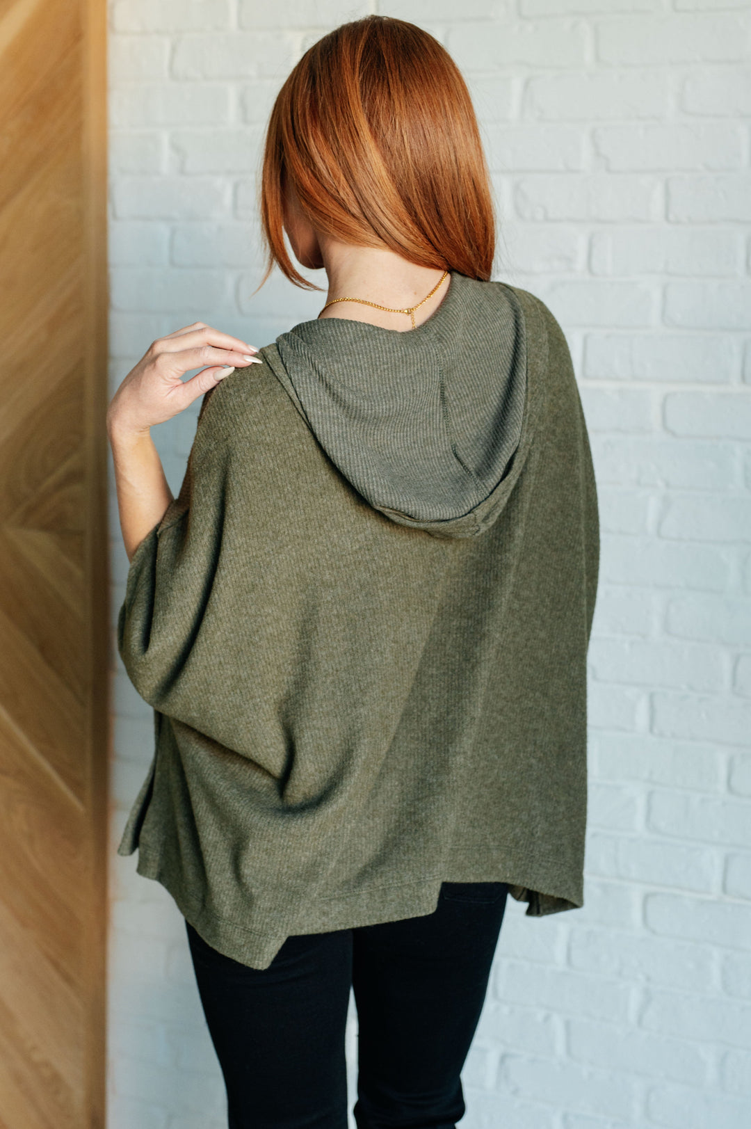 Perfectly Poised Hooded Poncho in Olive   Layers Joy & Country