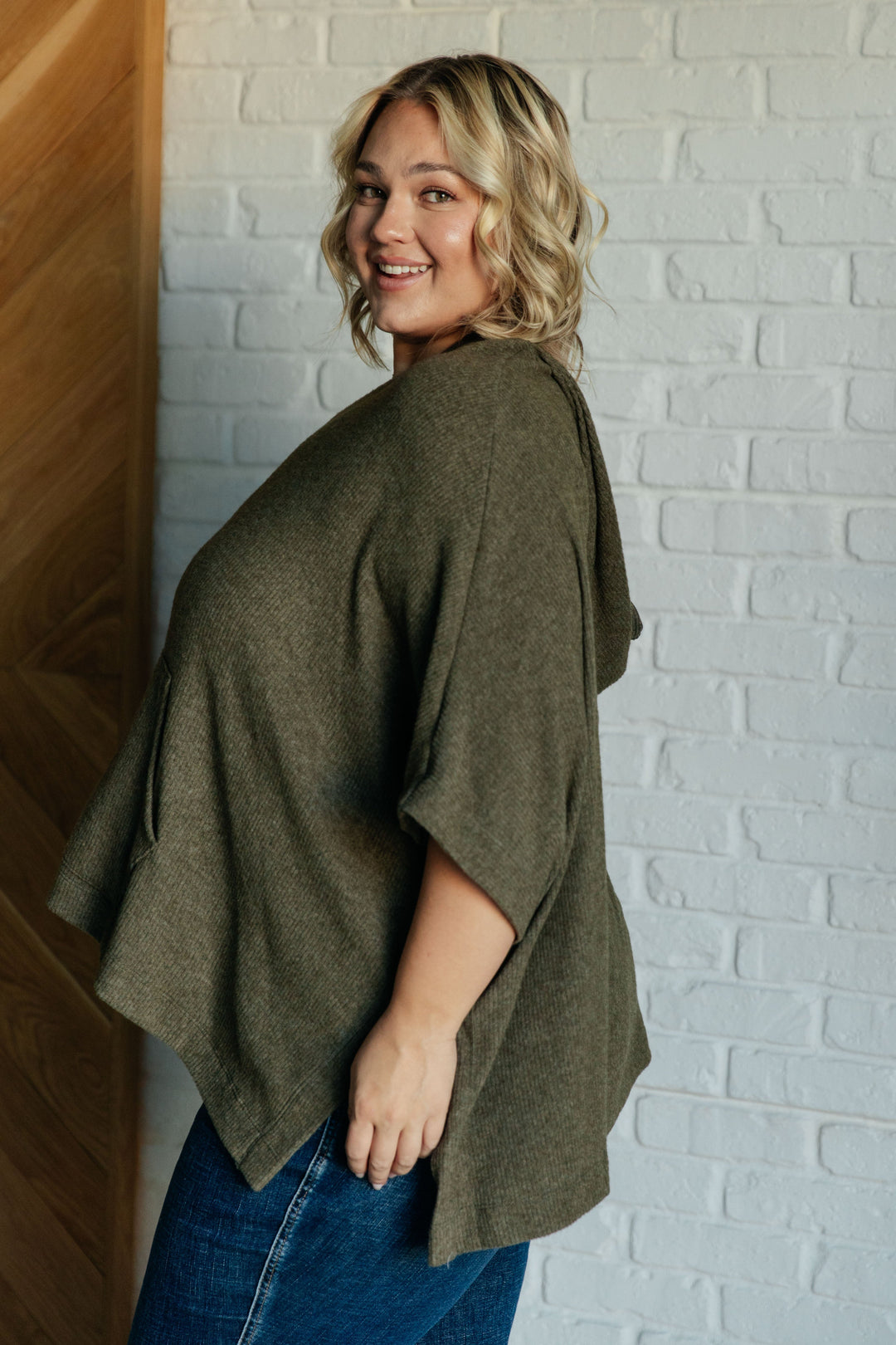 Perfectly Poised Hooded Poncho in Olive   Layers Joy & Country