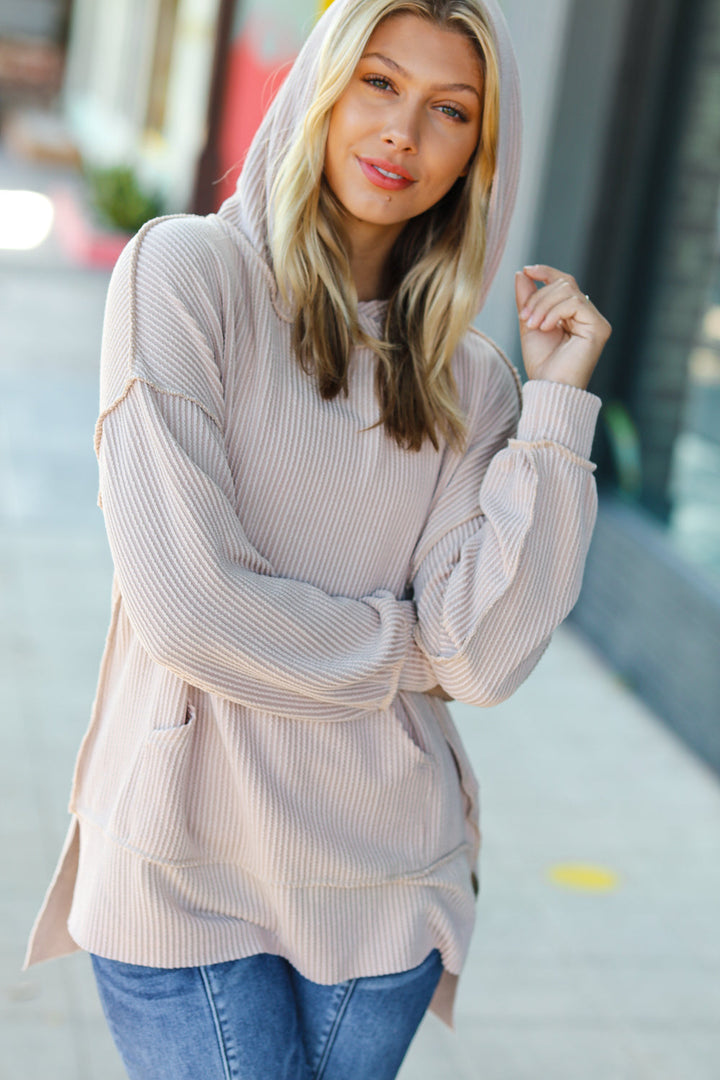 Cozy It Up - Taupe Rib Knit Hoodie