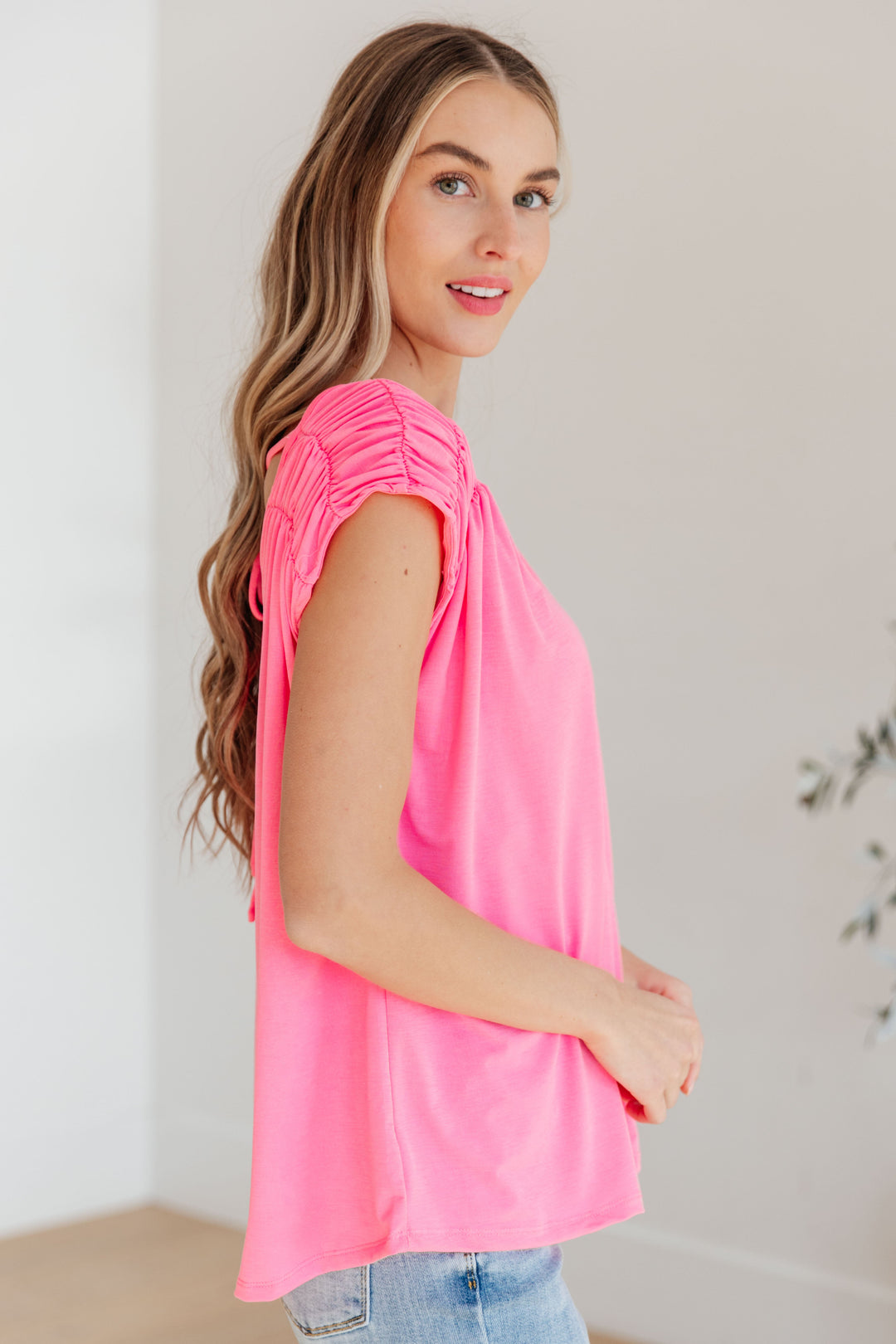 Keeping It Cool - Ruched Top - Neon Pink
