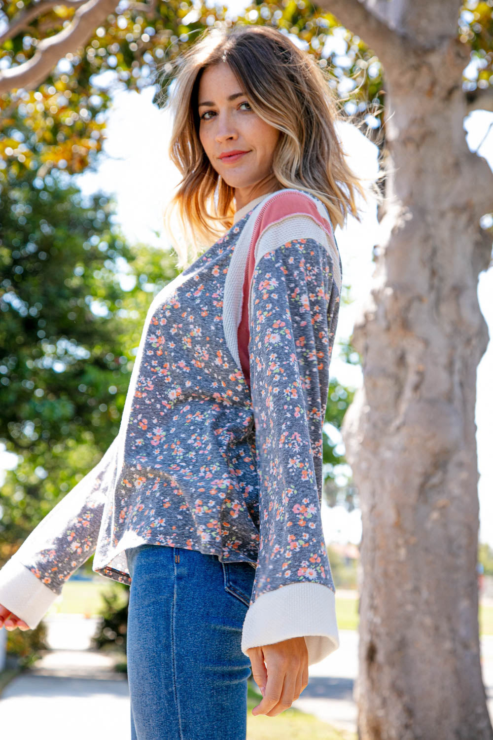 Floral Color Block Oversized Top