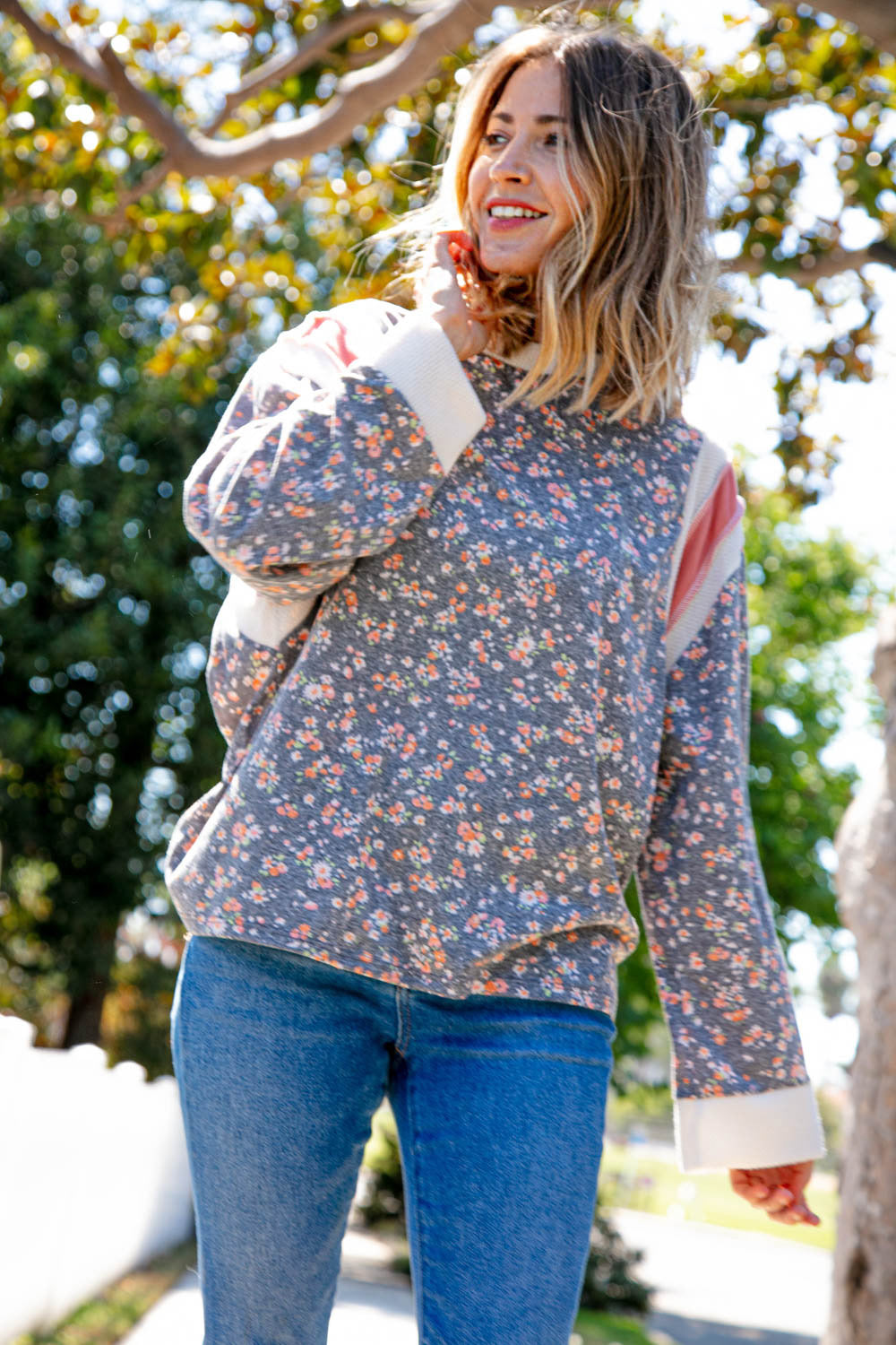 Floral Color Block Oversized Top