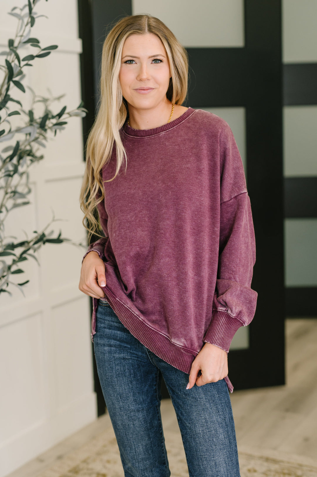 Safe and Secure Mineral Wash Pullover in Eggplant   Womens Joy & Country