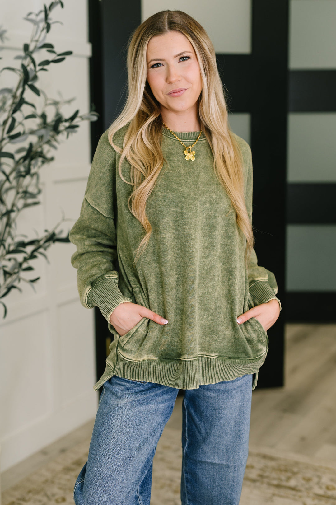Safe and Secure Mineral Wash Pullover in Light Olive   Womens Joy & Country