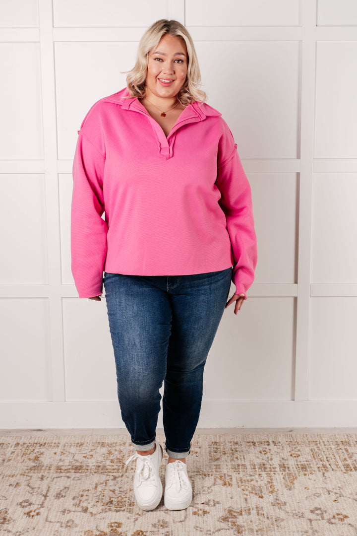 Same Ol' Situation Collared Pullover in Hot Pink   Tops Joy & Country