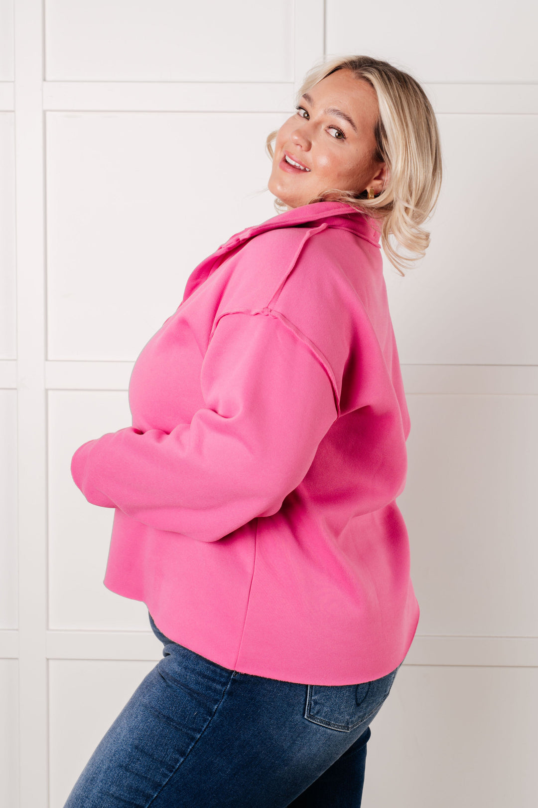 Same Ol' Situation Collared Pullover in Hot Pink   Tops Joy & Country