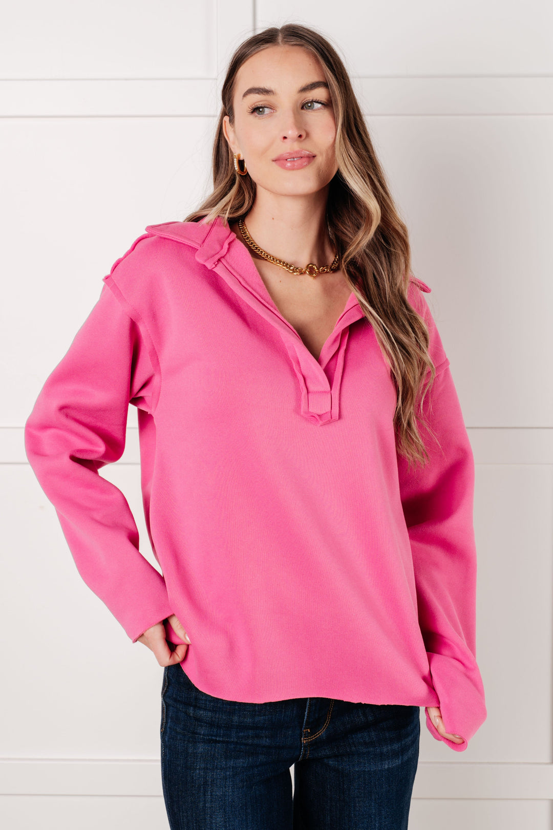 Same Ol' Situation Collared Pullover in Hot Pink   Tops Joy & Country