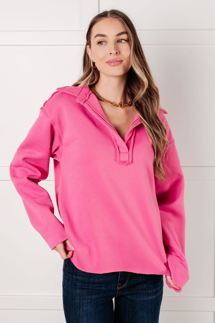 Same Ol' Situation Collared Pullover in Hot Pink   Tops Joy & Country
