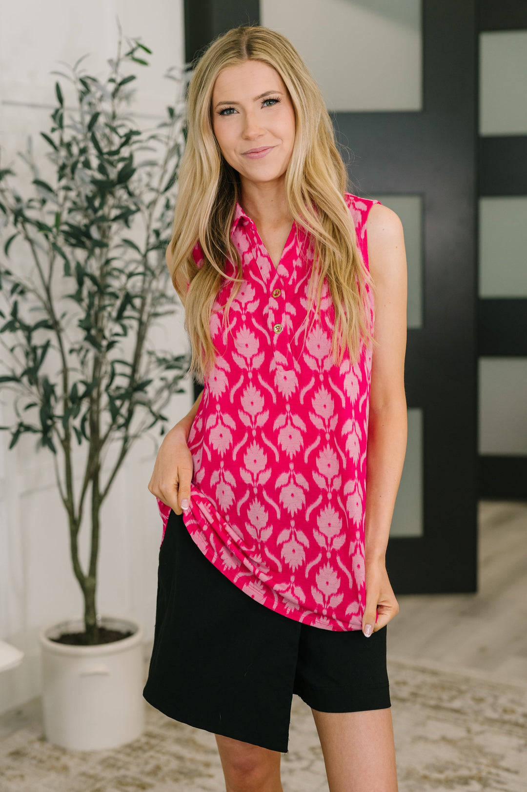 Sea Spray Collared Sleeveless Top in Floral Ikat   Womens Joy & Country