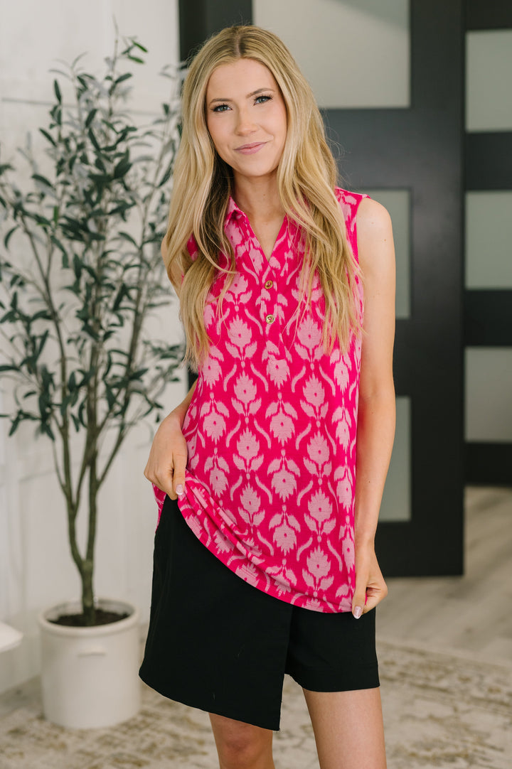 Sea Spray Collared Sleeveless Top in Floral Ikat   Womens Joy & Country