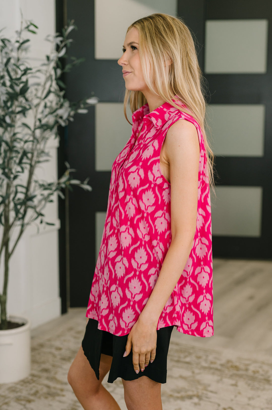 Sea Spray Collared Sleeveless Top in Floral Ikat   Womens Joy & Country