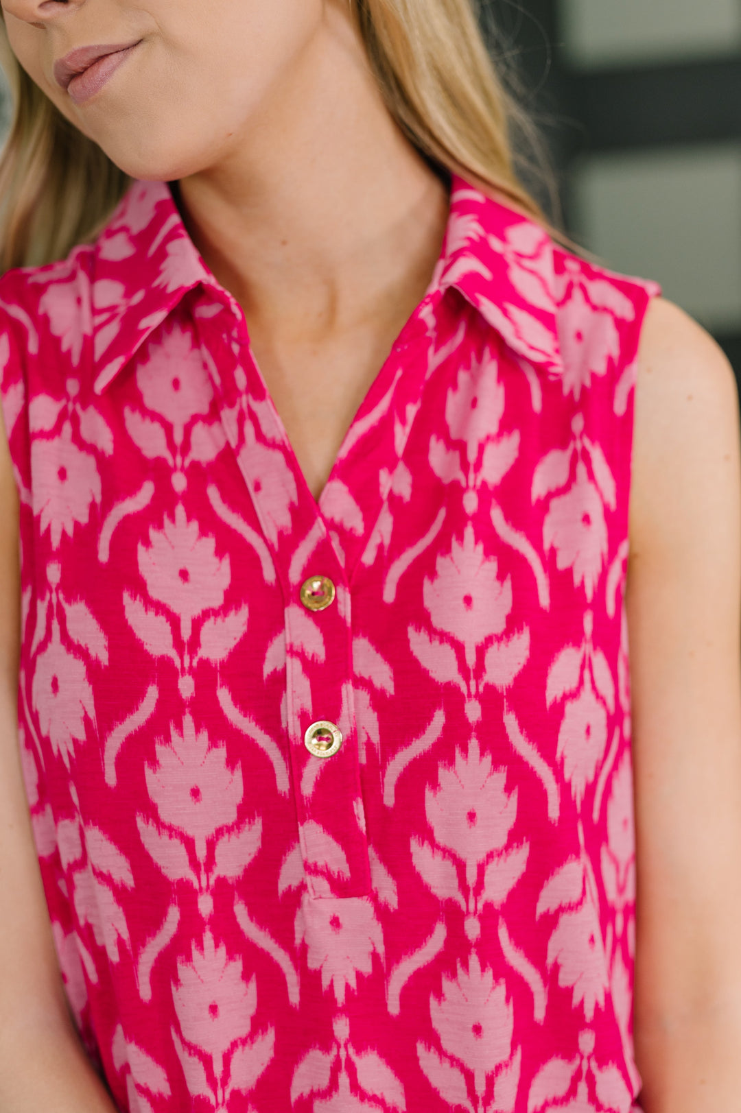 Sea Spray Collared Sleeveless Top in Floral Ikat   Womens Joy & Country