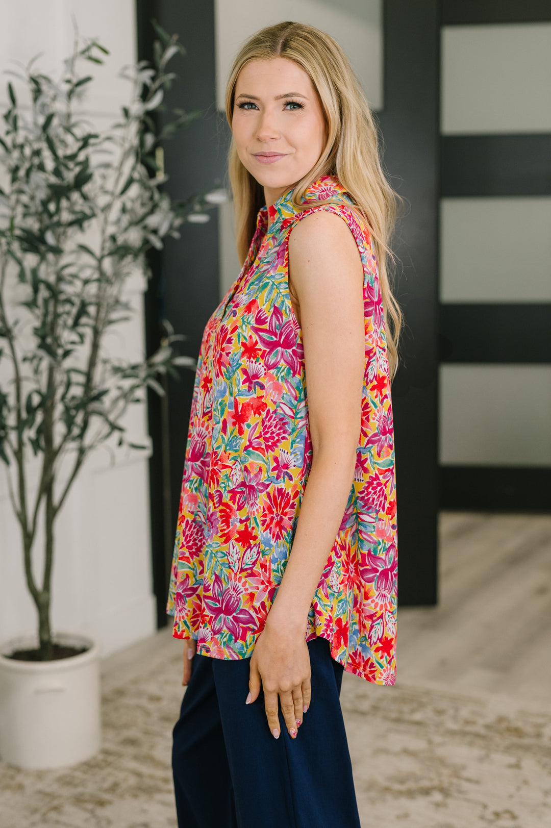 Sea Spray Collared Sleeveless Top in Island Bloom   Womens Joy & Country