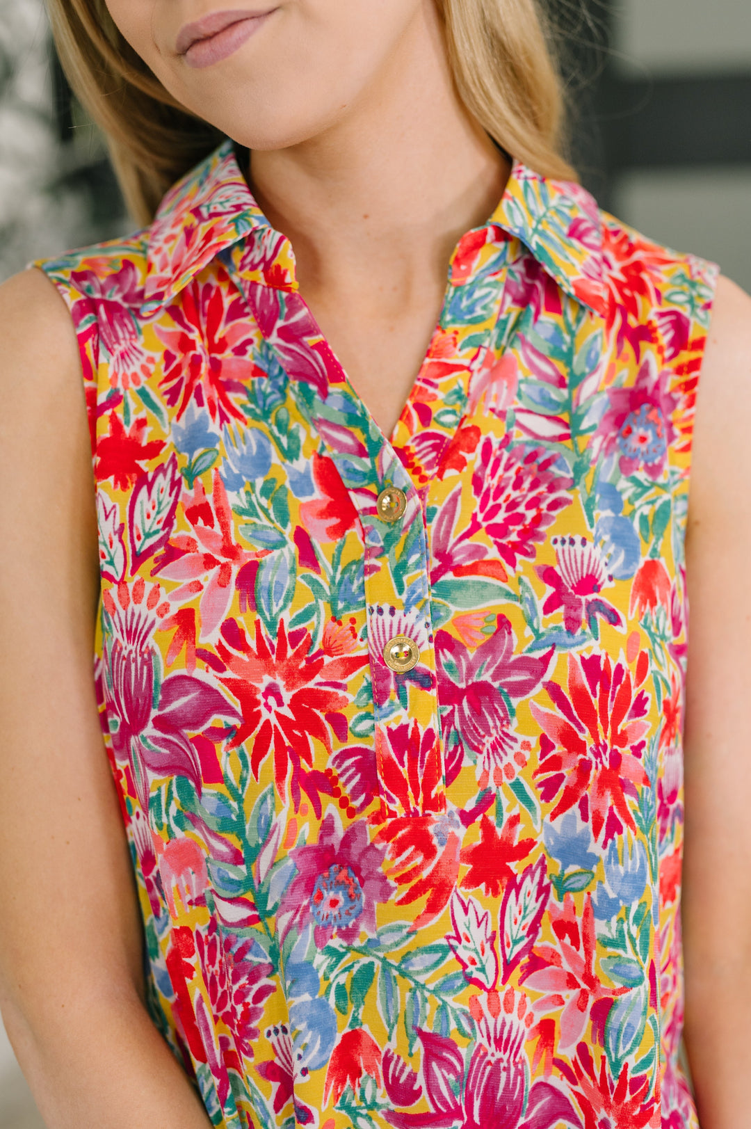 Sea Spray Collared Sleeveless Top in Island Bloom   Womens Joy & Country