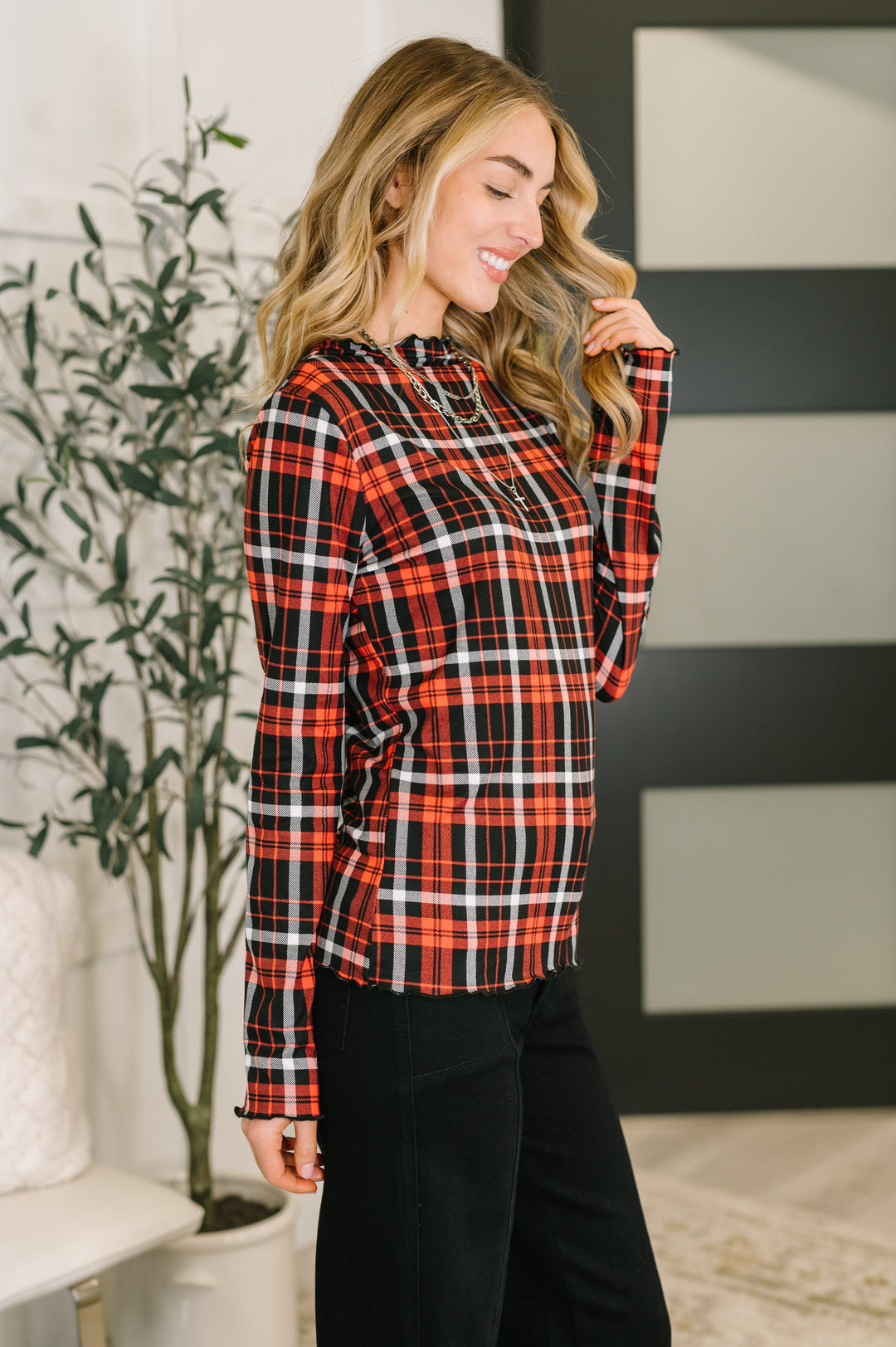 She's Always Changing Plaid Lettuce Hem Top   Womens Joy & Country