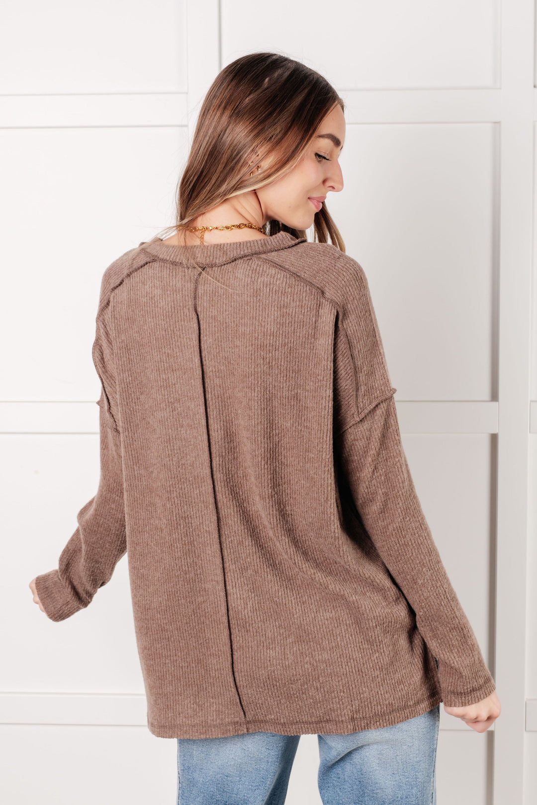 Upscale Cozy Ribbed Hacci Sweater Top - Mocha   Shirts & Tops Joy & Country