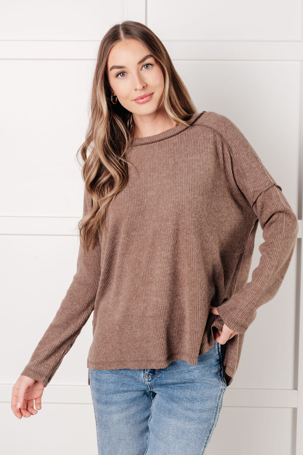 Upscale Cozy Ribbed Hacci Sweater Top - Mocha   Shirts & Tops Joy & Country