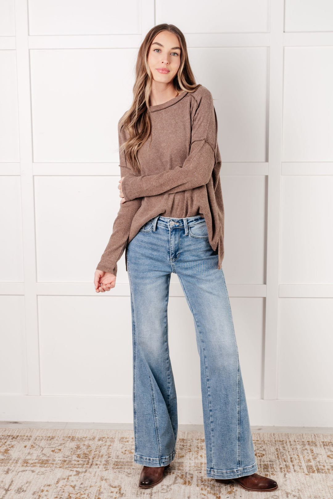 Upscale Cozy Ribbed Hacci Sweater Top - Mocha   Shirts & Tops Joy & Country