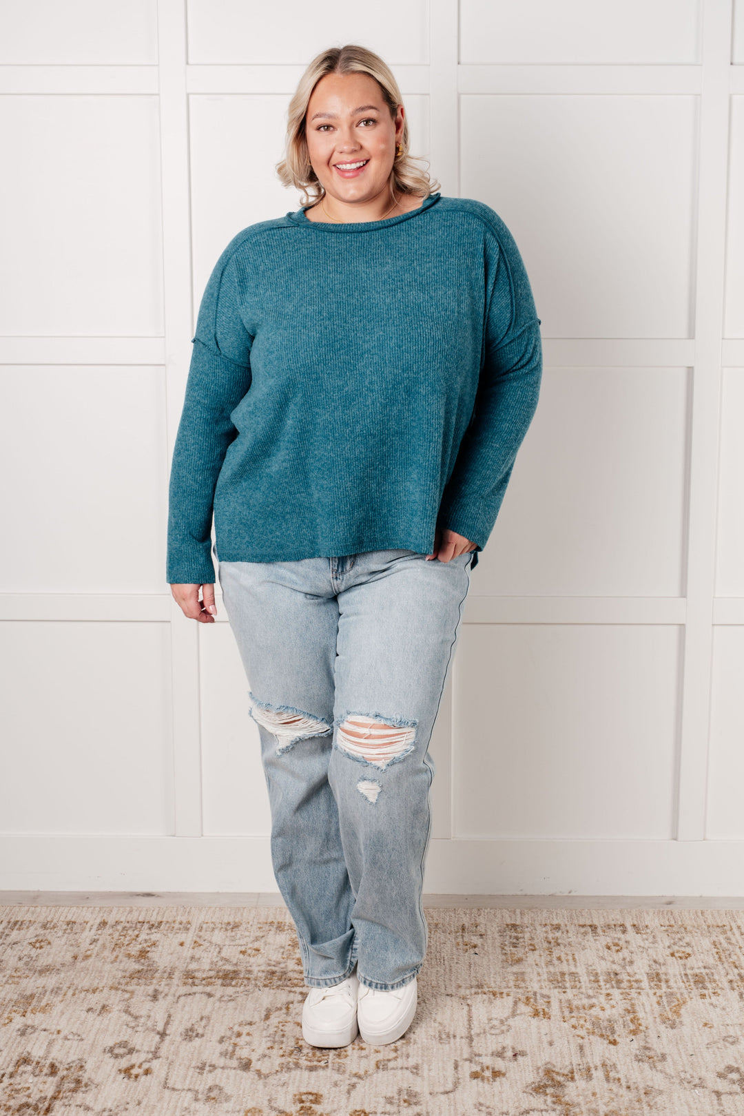 Upscale Cozy Ribbed Hacci Sweater Top - Teal   Shirts & Tops Joy & Country
