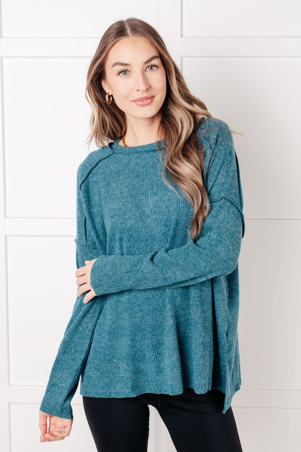 Upscale Cozy Ribbed Hacci Sweater Top - Teal   Shirts & Tops Joy & Country