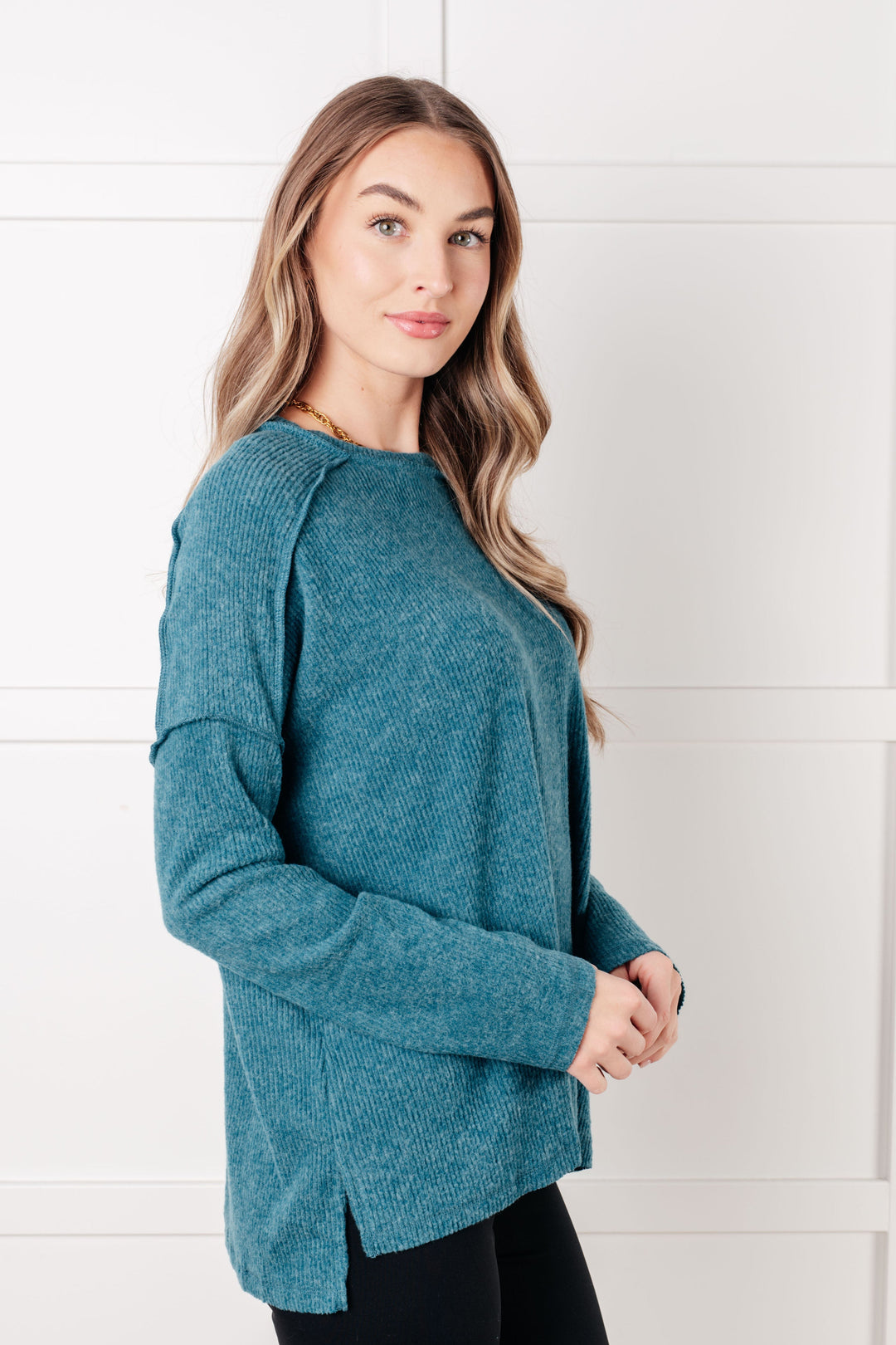 Upscale Cozy Ribbed Hacci Sweater Top - Teal   Shirts & Tops Joy & Country