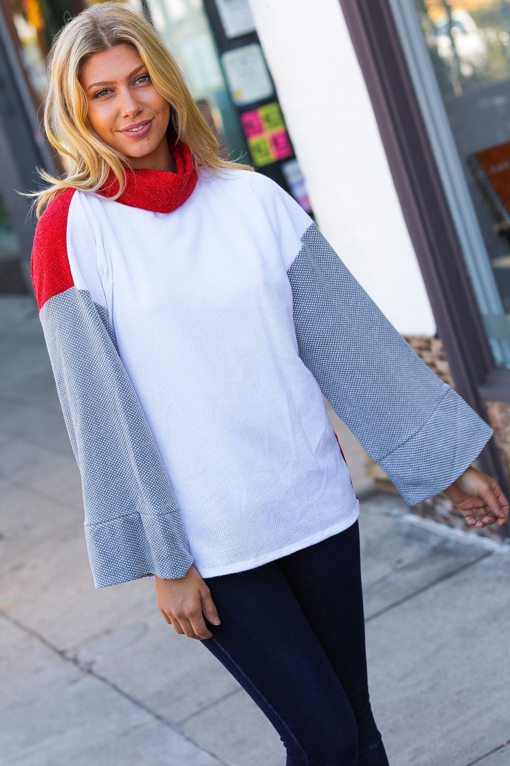 Red/White Hacci Color Block Jacquard Knit Turtleneck    Joy & Country