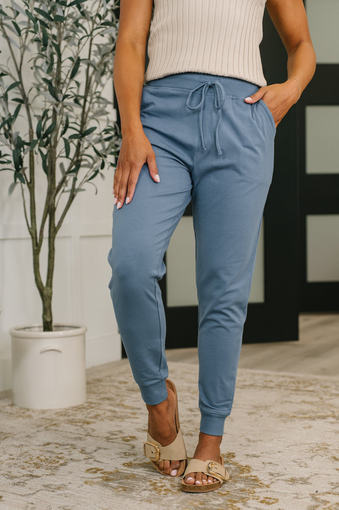 Sweat It High Waisted Joggers in Dusty Blue   Womens Joy & Country
