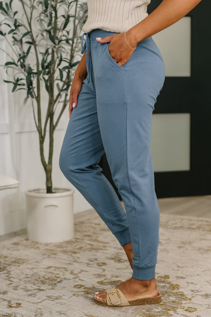 Sweat It High Waisted Joggers in Dusty Blue   Womens Joy & Country