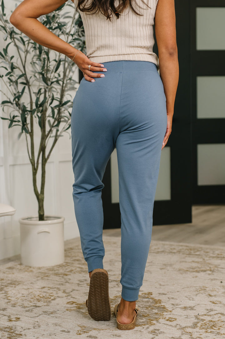 Sweat It High Waisted Joggers in Dusty Blue   Womens Joy & Country