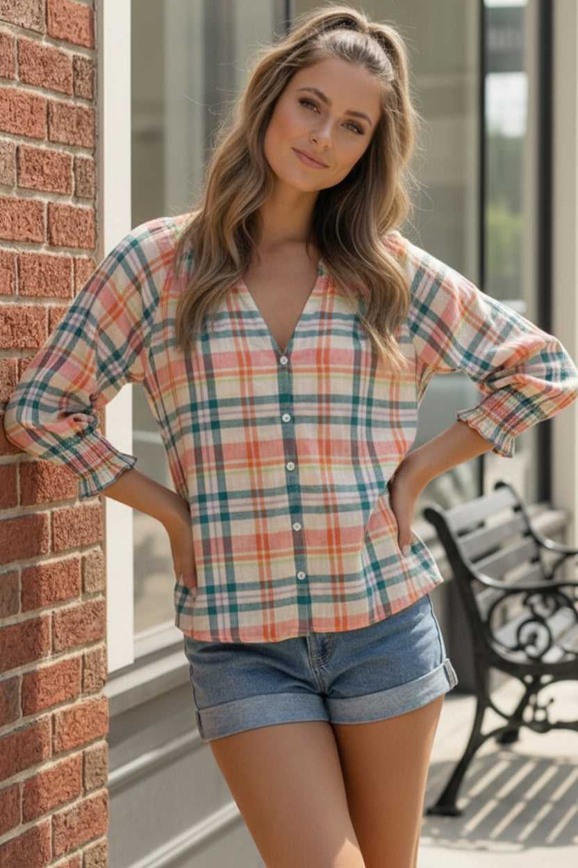 Peachy Picnic Plaid Top    Joy & Country