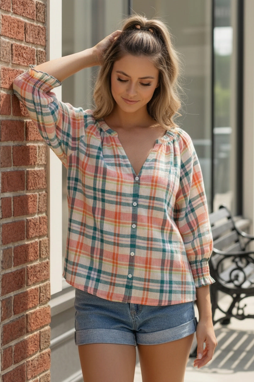Peachy Picnic Plaid Top    Joy & Country