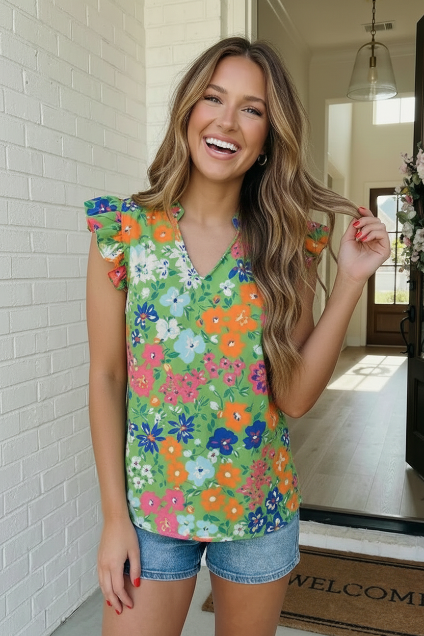 Garden Party Floral Ruffle Sleeve Blouse    Joy & Country