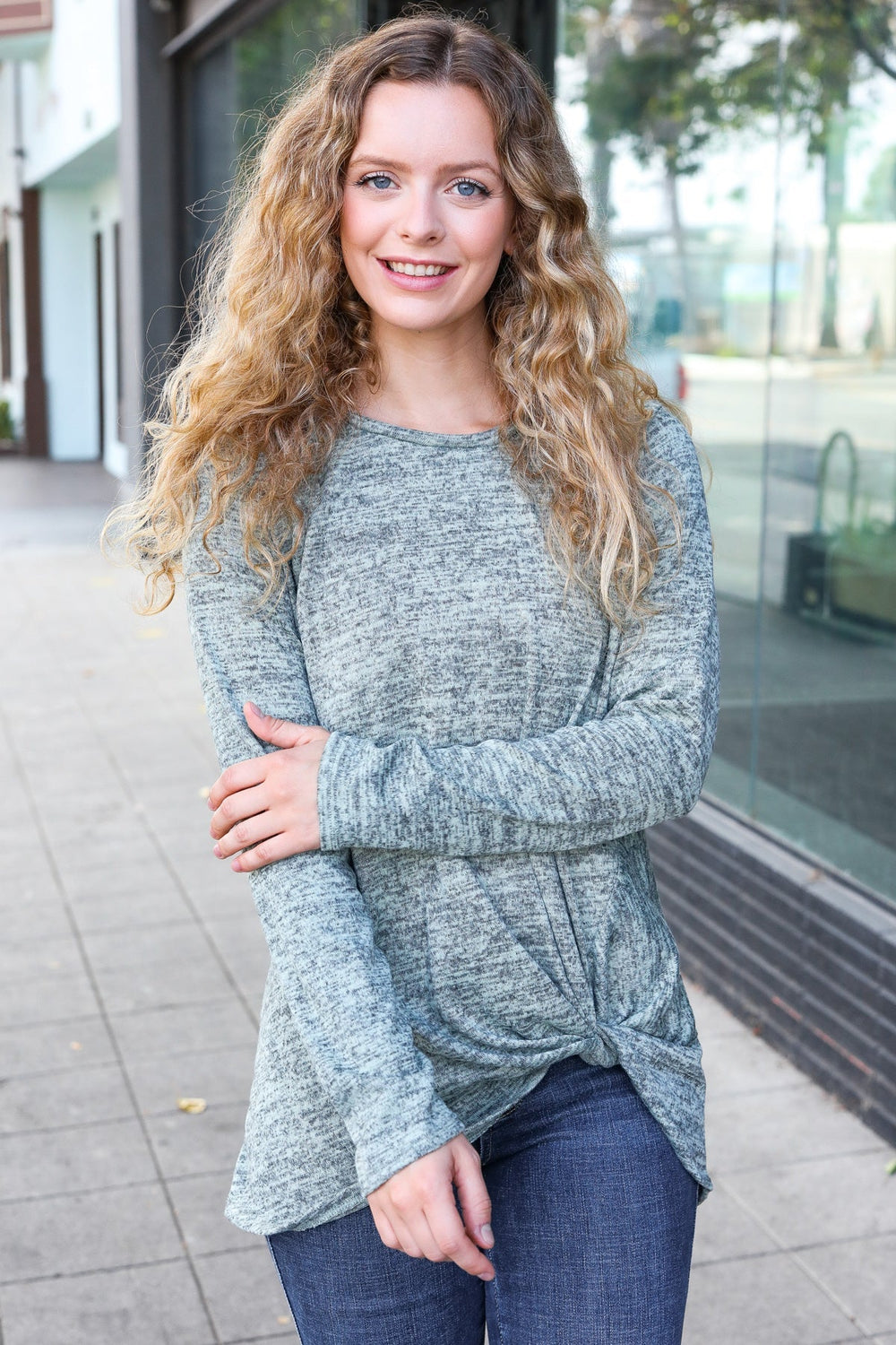 Weekend Ready Green Two-Tone Front Knot Pullover    Joy & Country